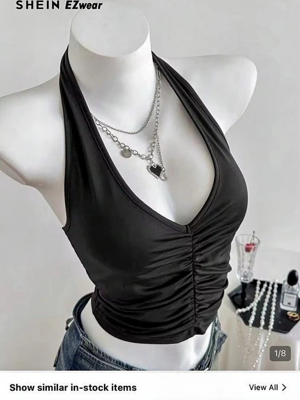 SHEIN EZwear Ruched Plunging Neck Halter Top Black